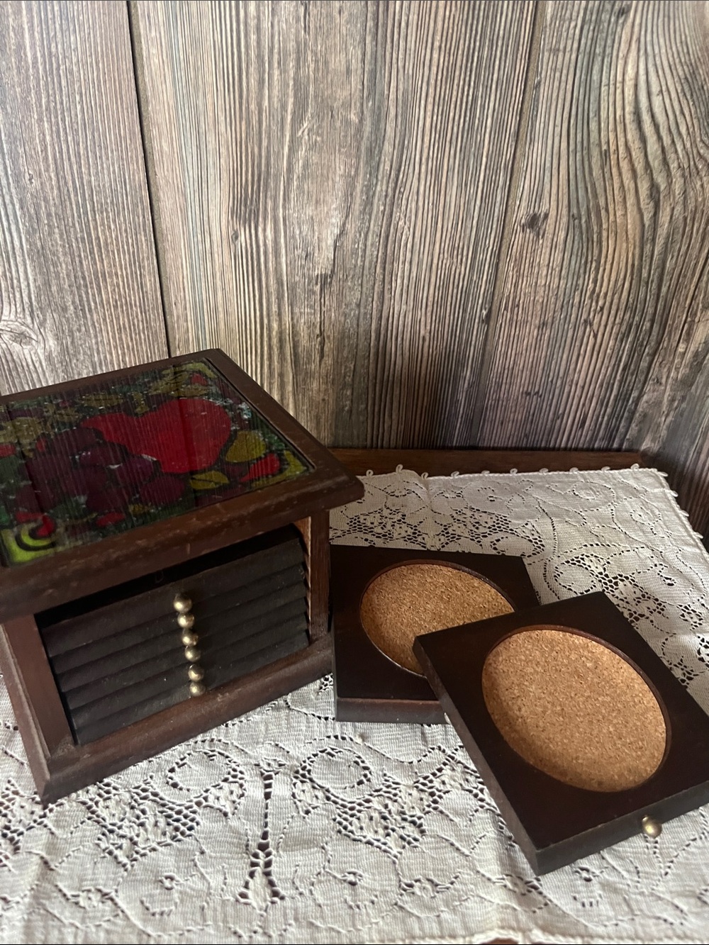 Vintage-Style Dark Brown Wooden Coaster Set with Holder